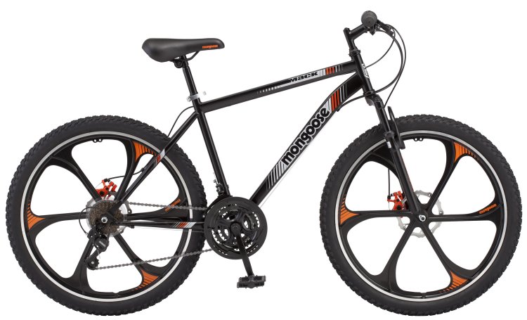 Mongoose Mack Mag Wheel Mountain Bike, 26\" Wheels, 21 Speeds Shimano Revo Twist Shifters, Men\'s Frame