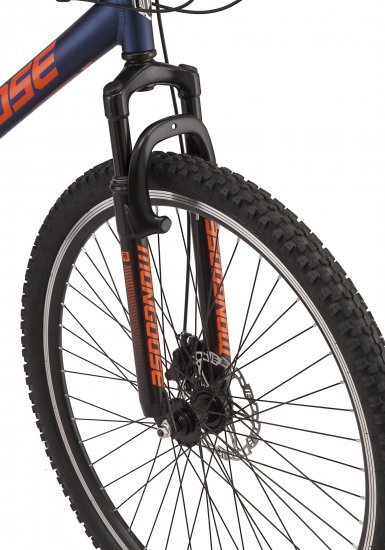 Mongoose Exhibit Mountain Bike, 29-inch wheels, 21 speeds, blue