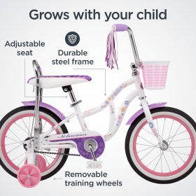 Schwinn Bloom kids bike, 16-inch wheel, training wheels, girls, white