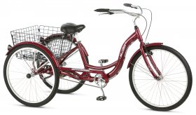Schwinn Meridian Adult Tricycle, 26-inch wheels, rear storage basket, Cherry